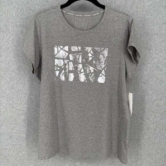 Calvin Klein Womens Graphic Logo T Shirt Size L Gray Metallic Silver Casual NEW - Picture 1 of 11